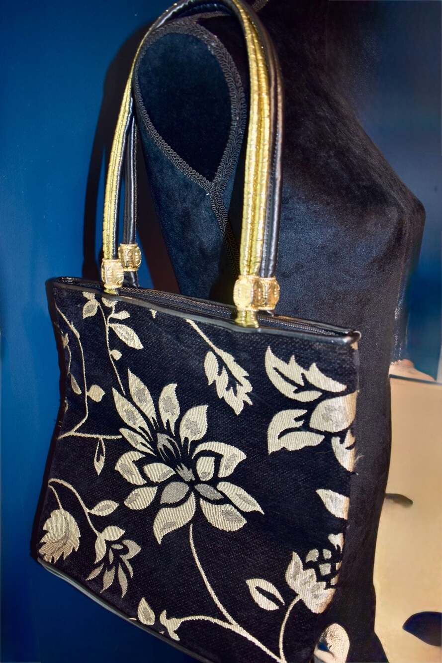 Vintage Unbranded Black Chenille Embroidered Floral Tote Bag with Gold Straps
